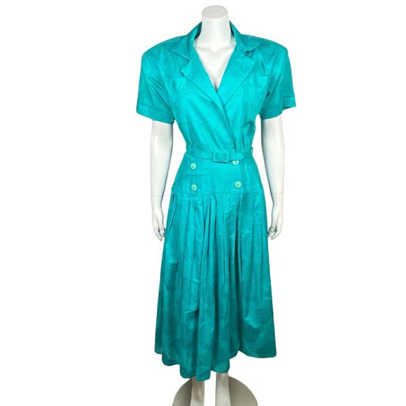 Vintage 80s Jennifer Moore Belted Pleated Midi Dress Size 6 Jacquard Print - Picture 1 of 9